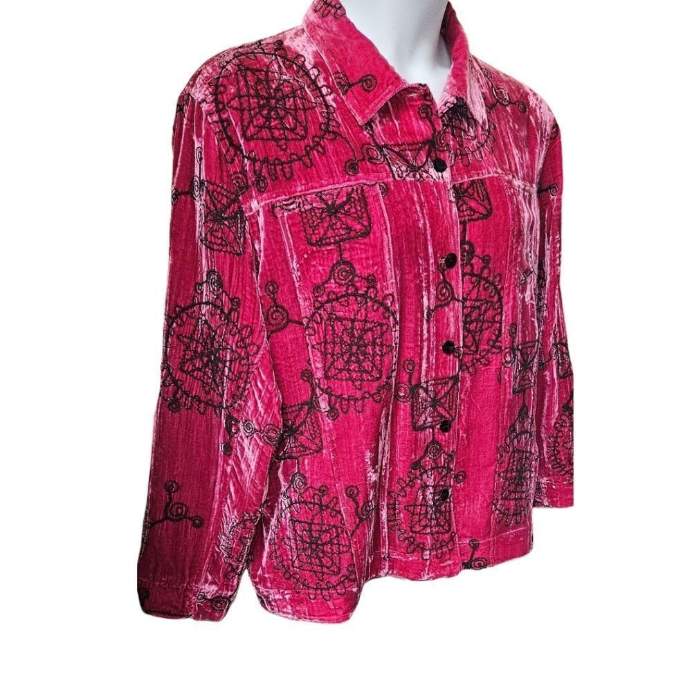  CHICO'S FUSHIA & BLACK NEW embroidered designs  longSleeve velvet silk Jacket - Picture 7 of 17